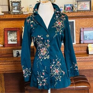Johnny Was Teal Floral Embroidered Blazer